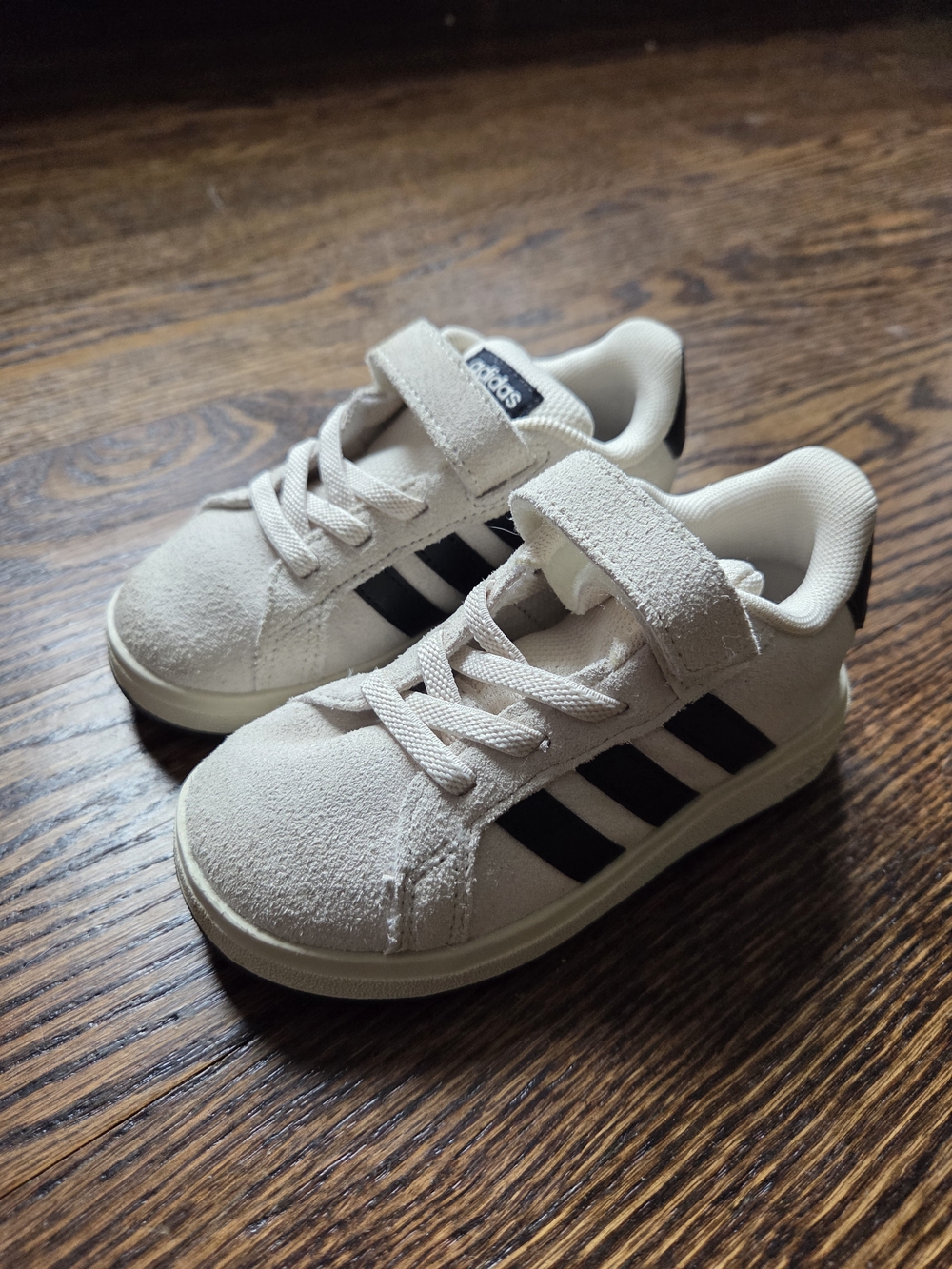 Adidas Toddler Cream Suede Sneakers with Black Stripes Size 8
